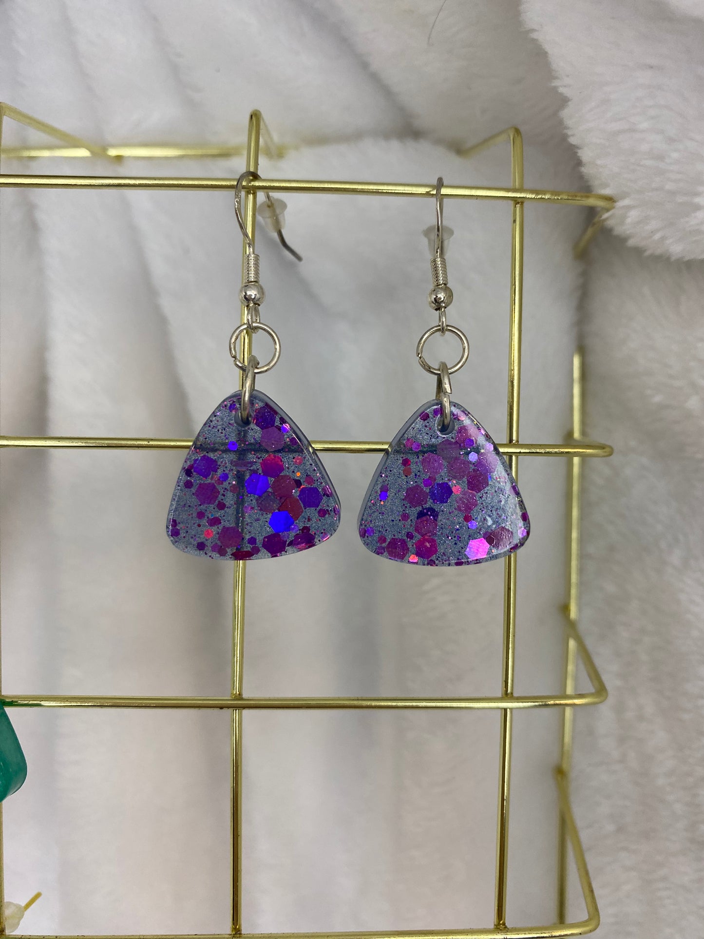 Small Triangle Blue with Purple Chunky Glitter Earrings