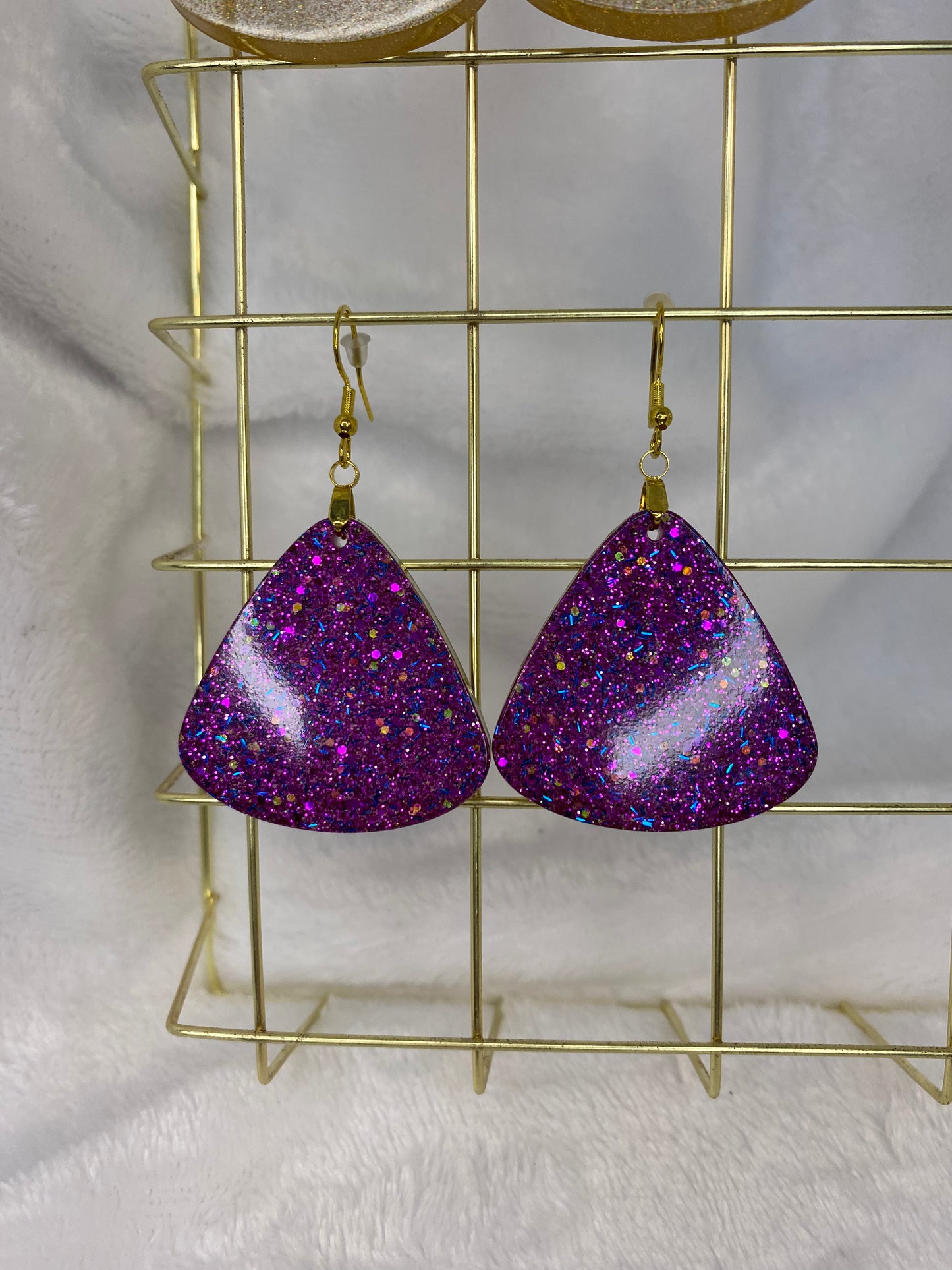 Large Purple Fine Glitter Triangle Earrings