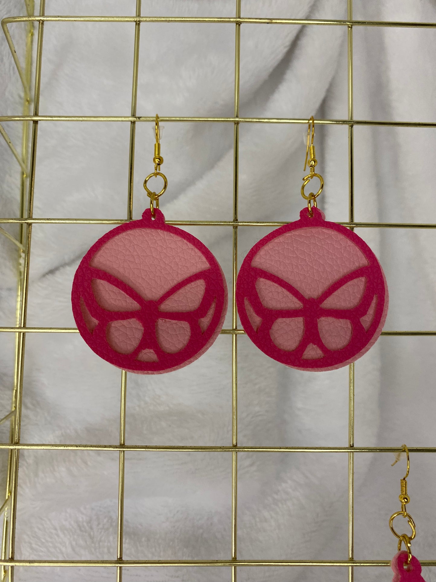 Faux Leather Round Butterfly Earrings- 2 Tone Pink