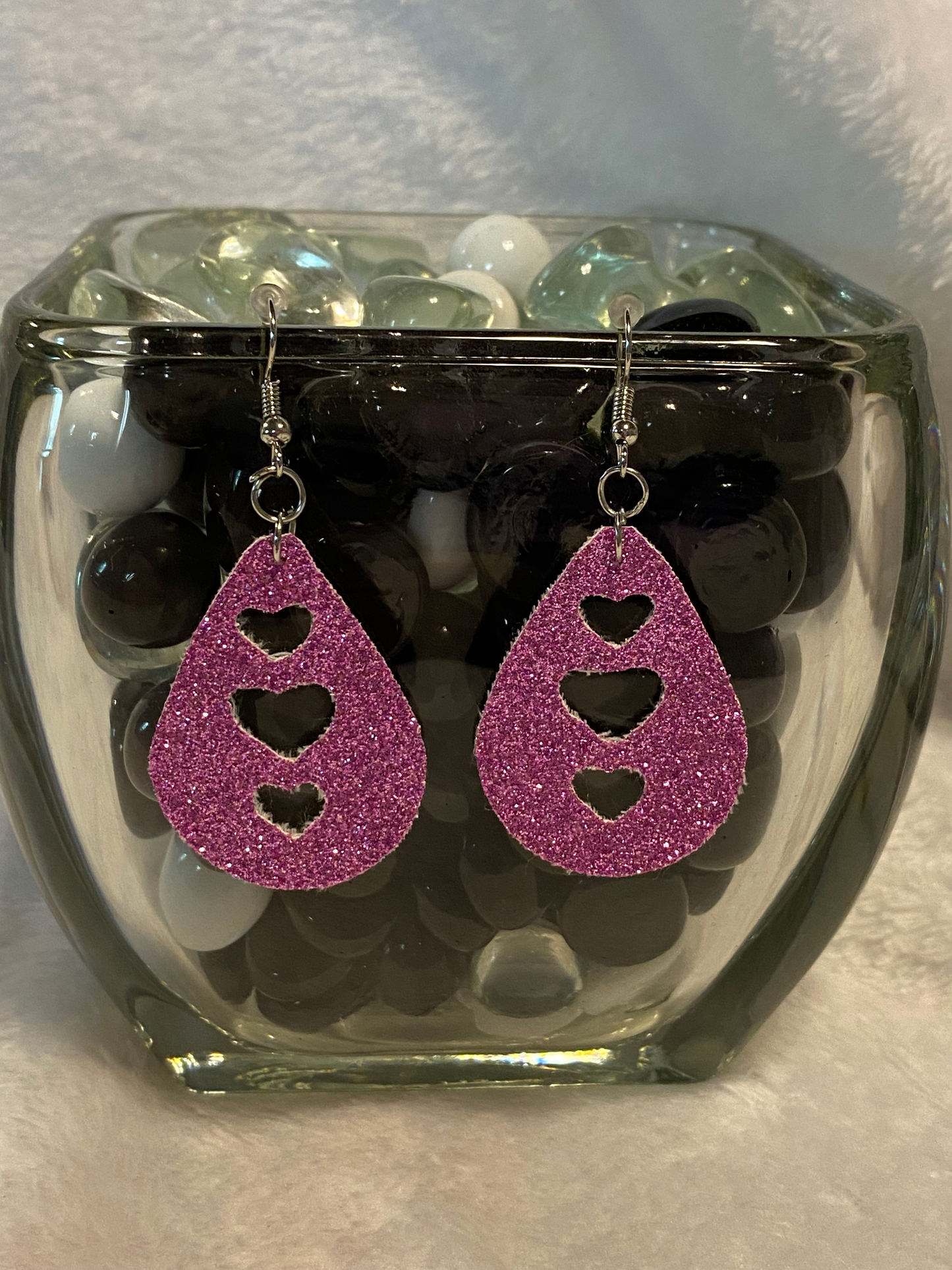 Pink Glitter Faux Leather Heart Earrings