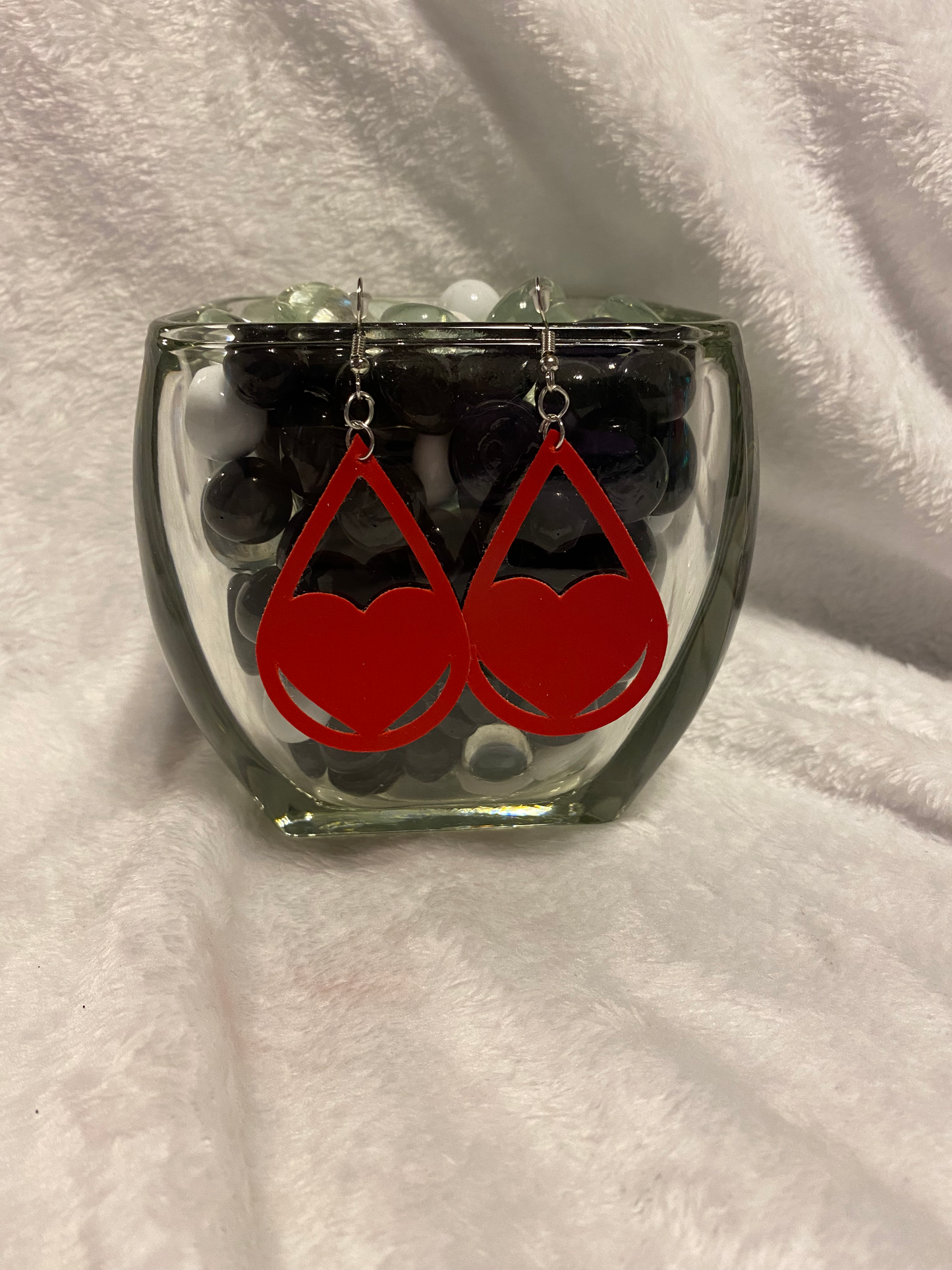 Red Faux Leather Heart Teardrop Earrings
