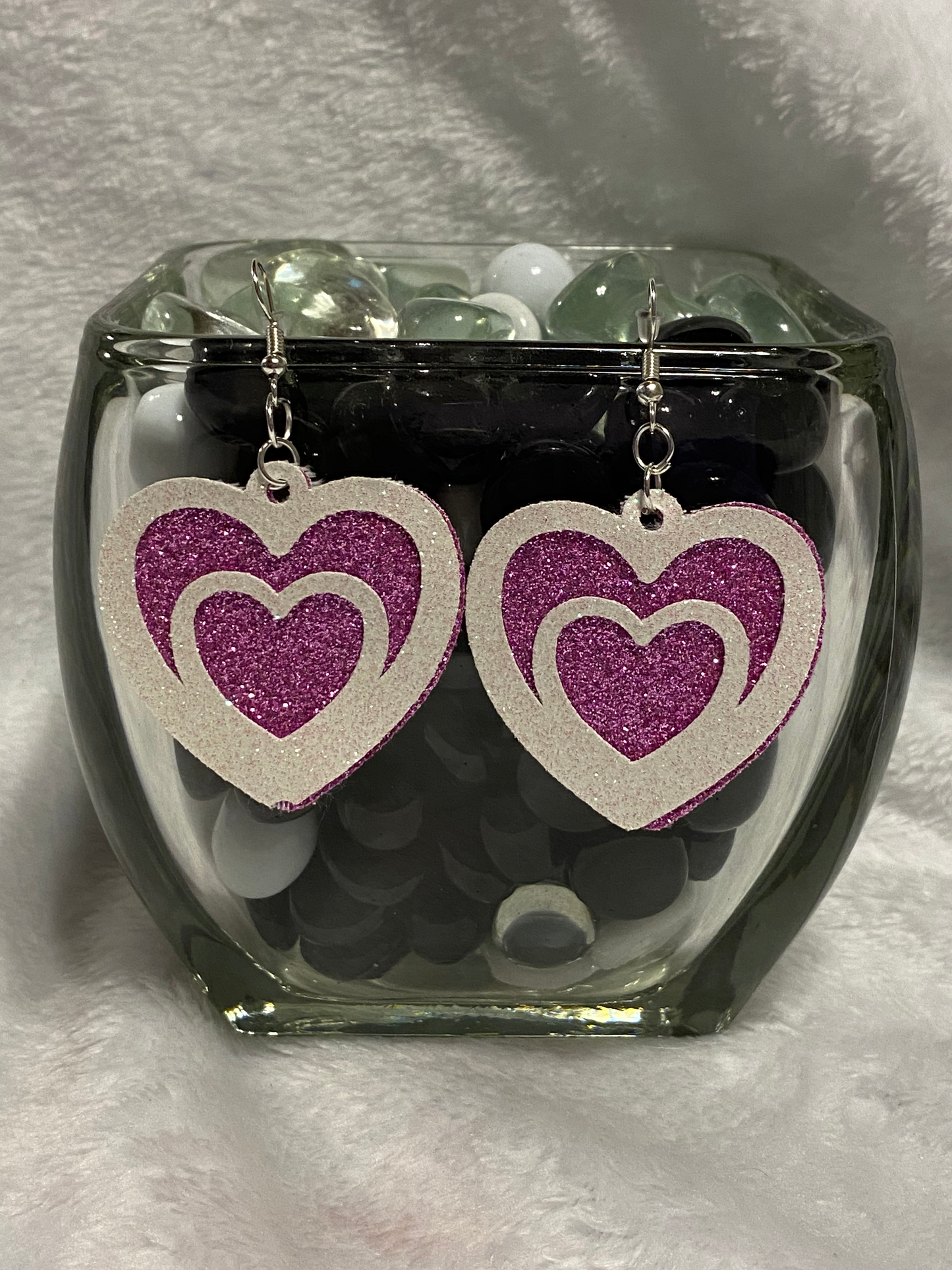 Pink & White Glitter Faux Leather Heart Shape Earrings