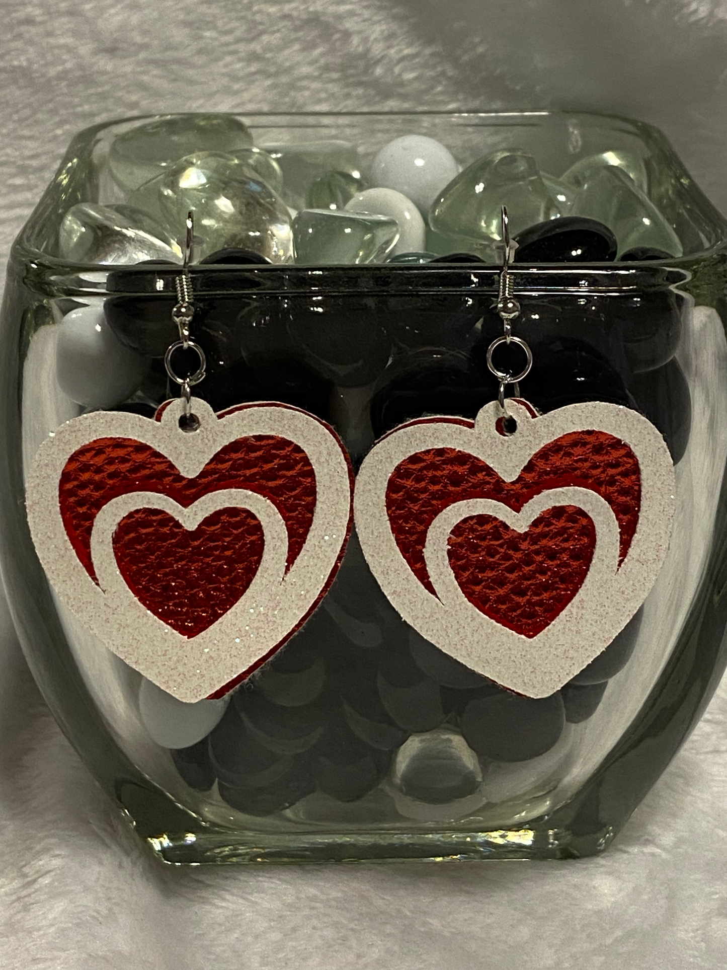 Red & White Glitter Faux Leather Heart Shaped Earrings
