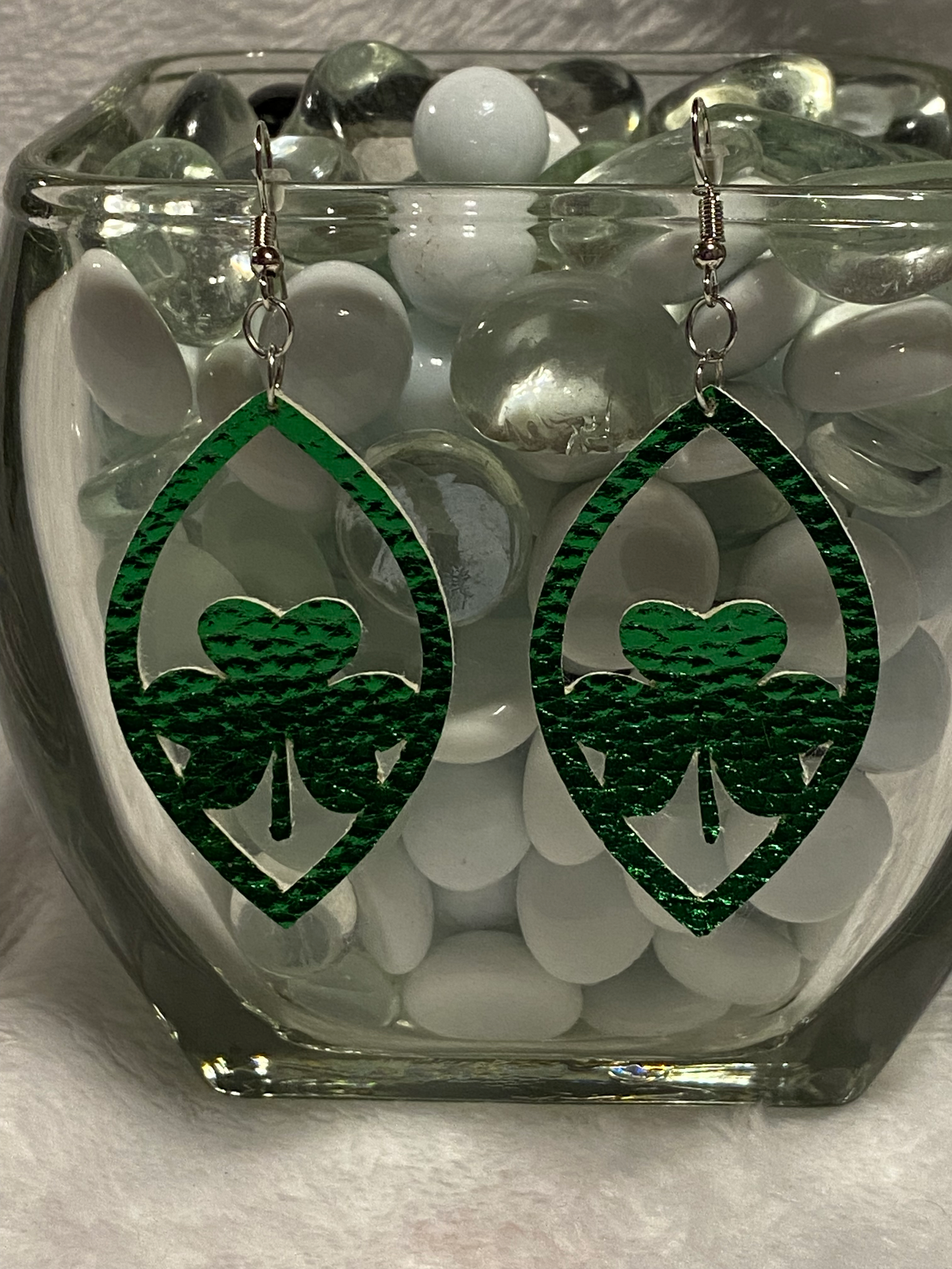 Green Faux Leather 3 Leaf Clover Teardrop Earrings