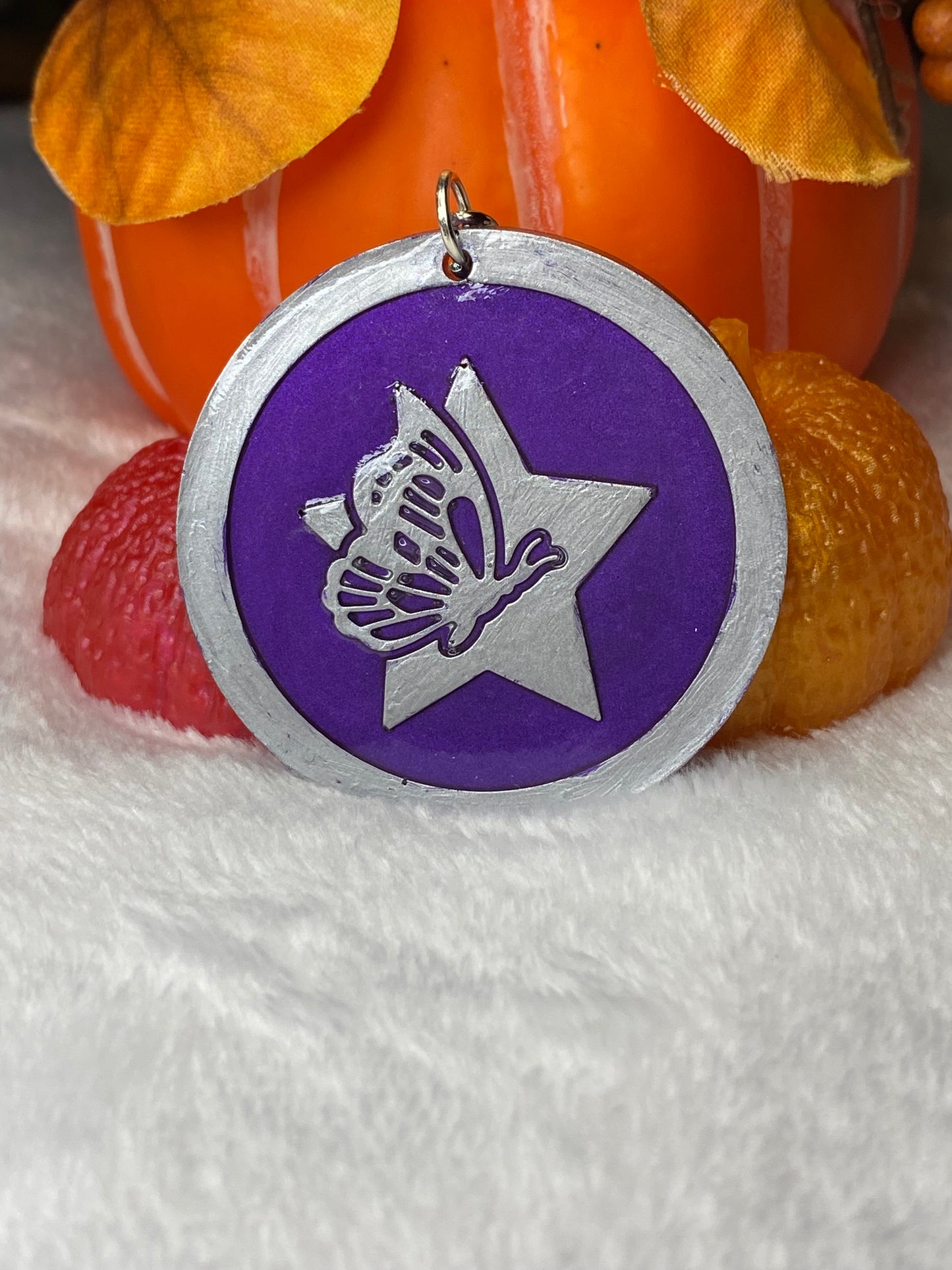 Round Purple with Silver Letters & Symbols Keychains