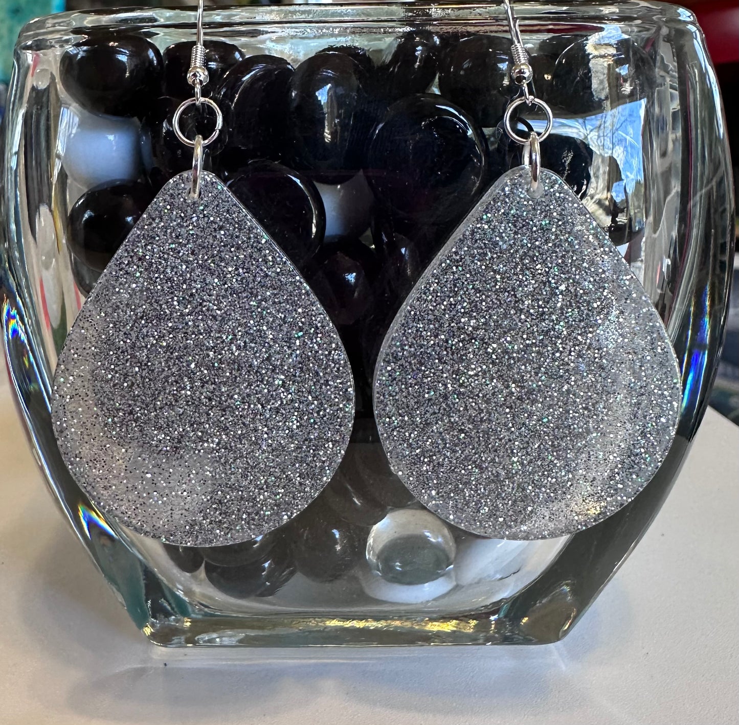 Large Teardrop Silver Glitter Earrings