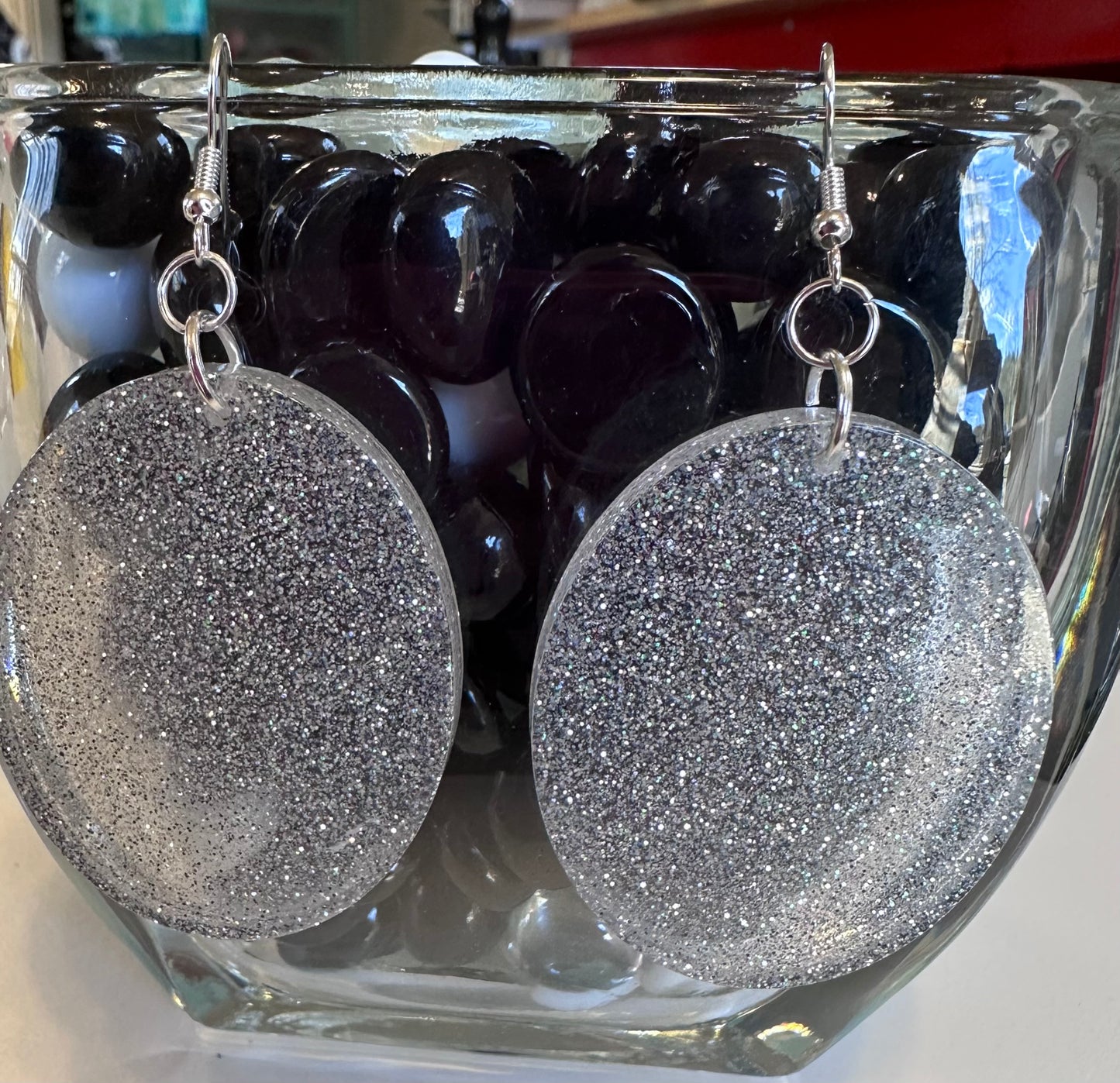 Large Oval Silver Glitter Earrings