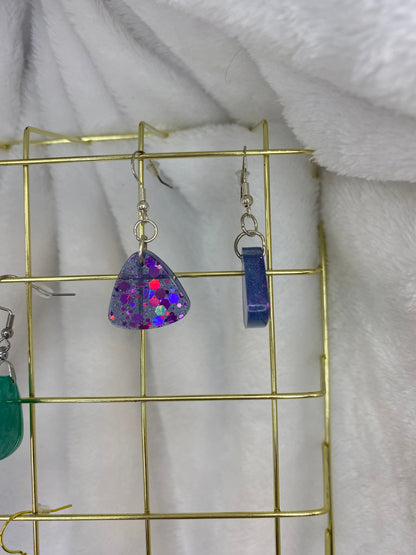 Small Triangle Blue with Purple Chunky Glitter Earrings