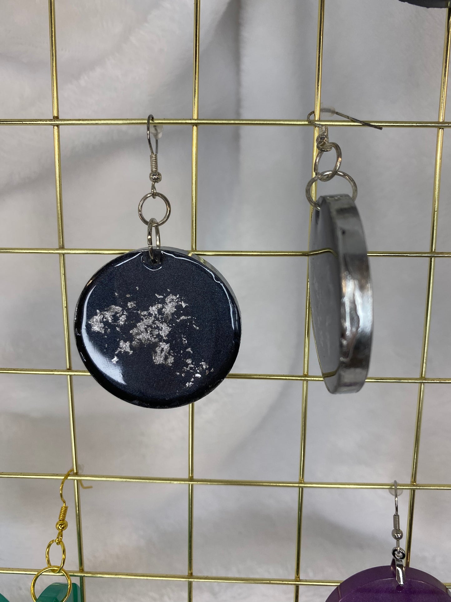 Black with Silver Foil Earrings Circle Shaped