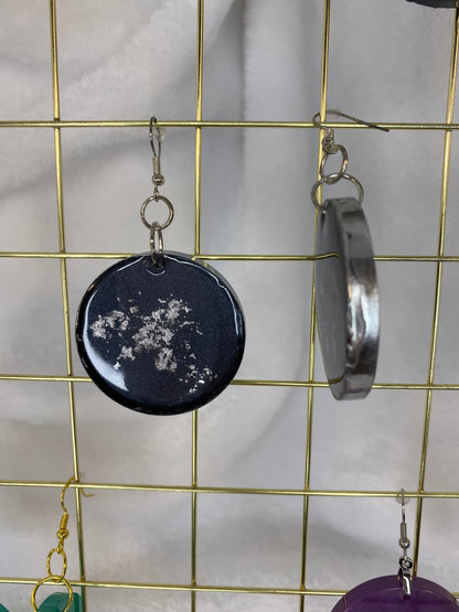 Black with Silver Foil Earrings Circle Shaped