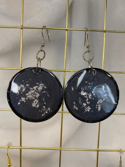 Black with Silver Foil Earrings Circle Shaped