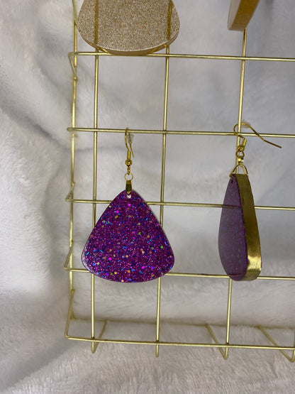 Large Purple Fine Glitter Triangle Earrings