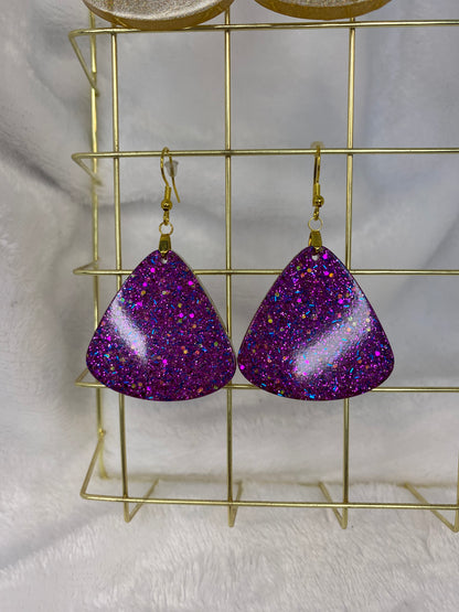 Large Purple Fine Glitter Triangle Earrings