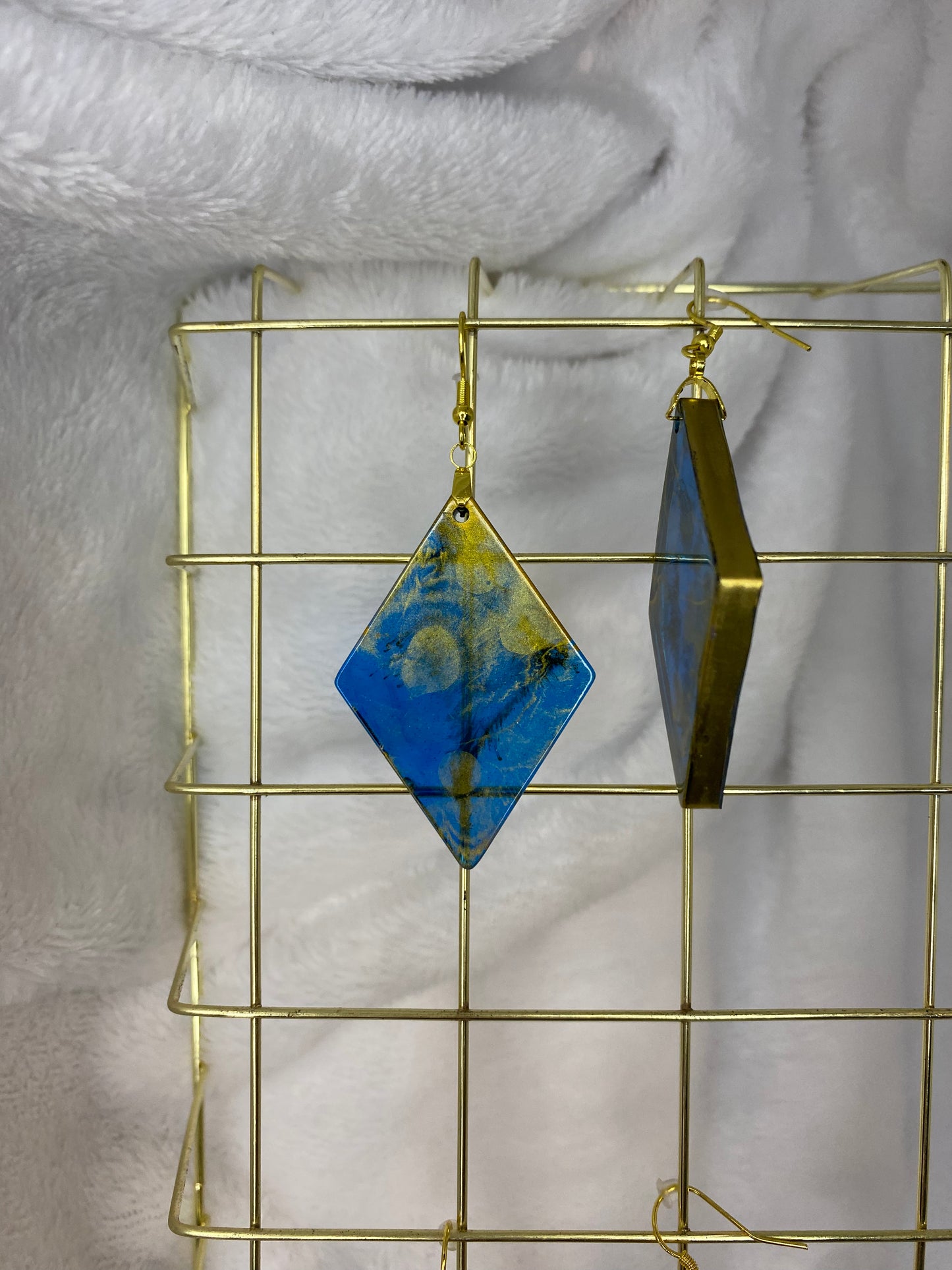 Large Blue & Gold Resin Earrings