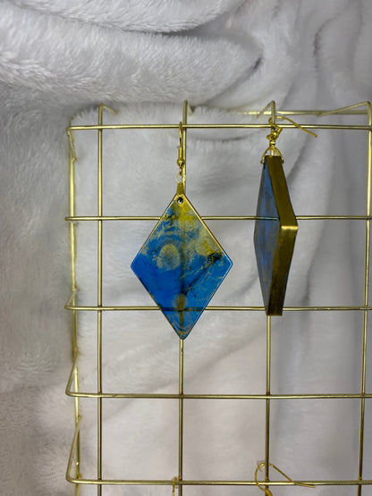 Large Blue & Gold Resin Earrings