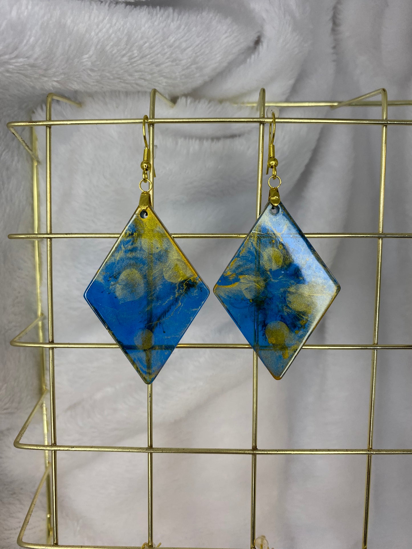 Large Blue & Gold Resin Earrings