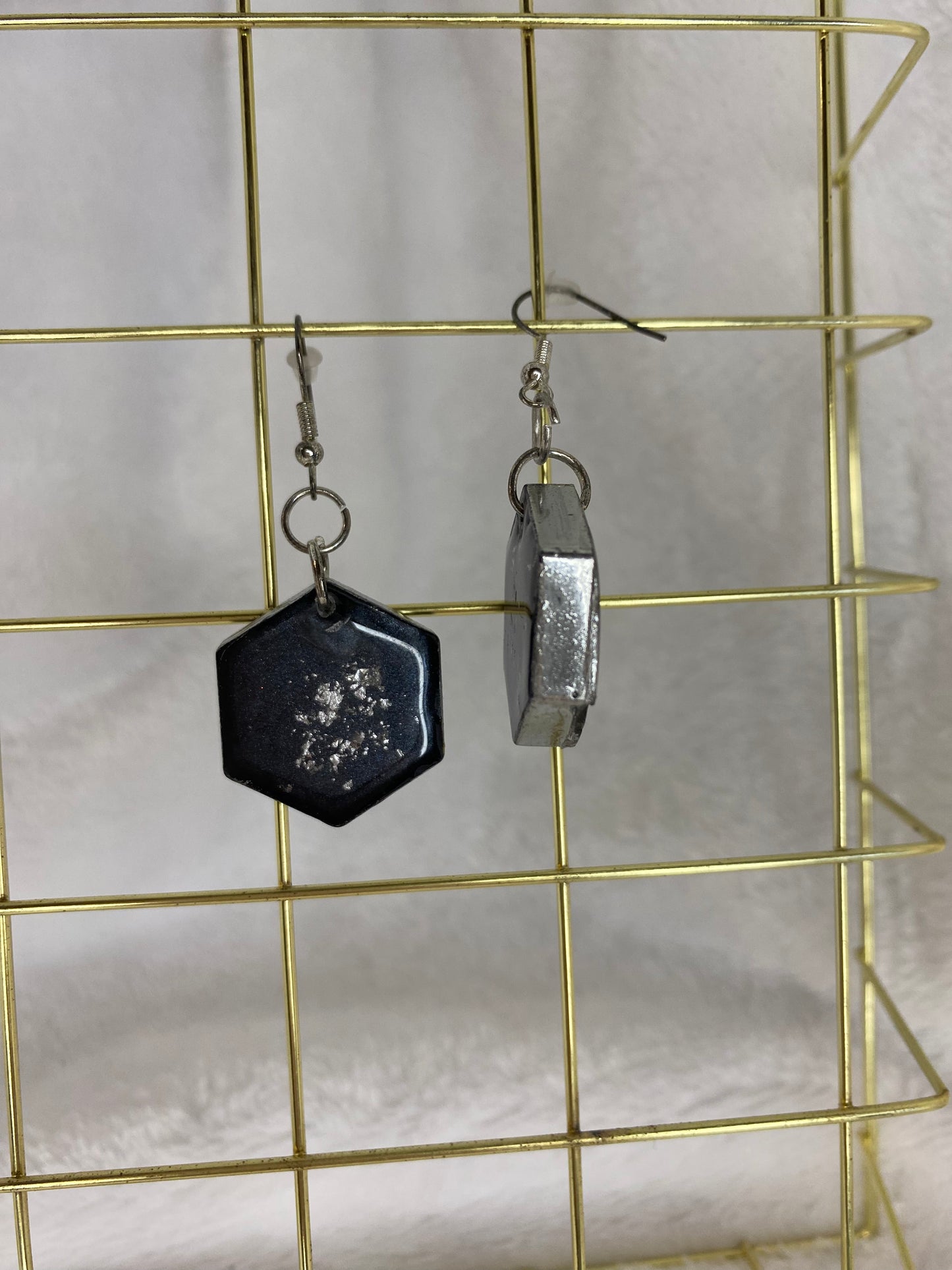 Black with Silver Foil Hexagon Earrings