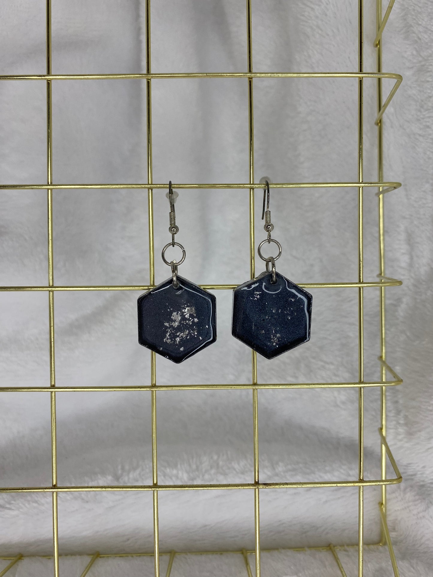 Black with Silver Foil Hexagon Earrings
