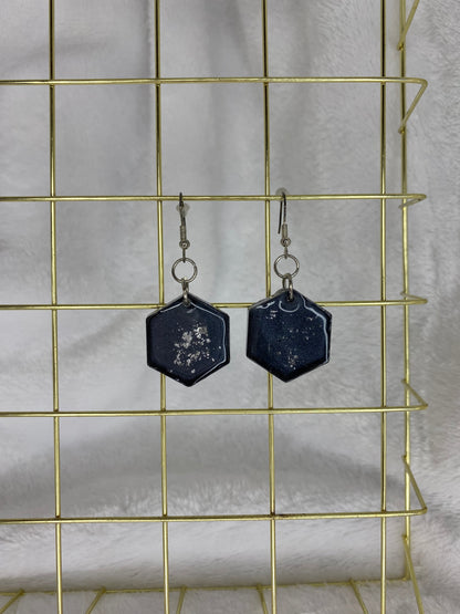 Black with Silver Foil Hexagon Earrings
