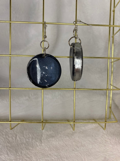 Black with Silver Foil Earrings Circle Shaped