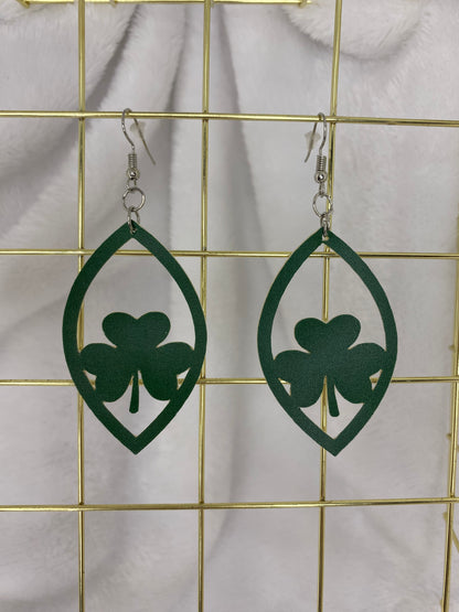 Green Faux Leather 3 Leaf Clover Teardrop Earrings- Plain