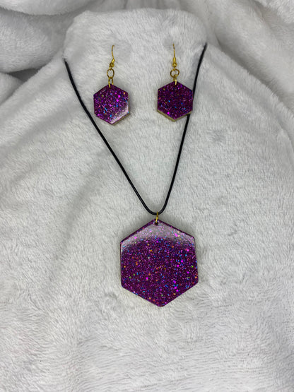 Purple Fine Glitter Octagon Shape Jewelry Set