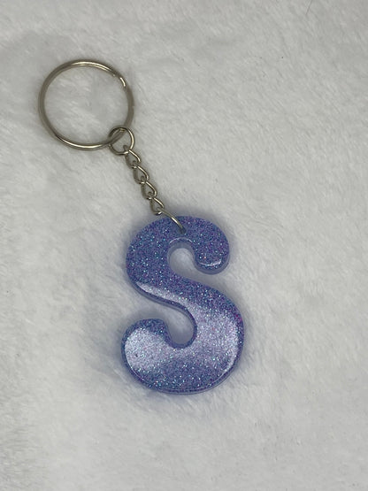 Blue Glitter Hippie Font Letter Keychains