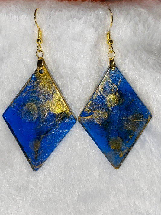 Large Blue & Gold Resin Earrings