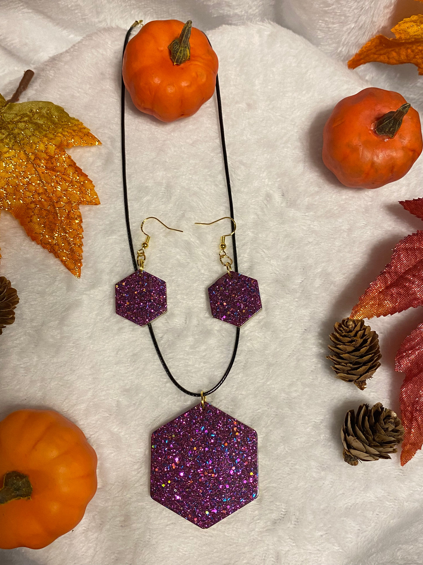 Purple Fine Glitter Octagon Shape Jewelry Set