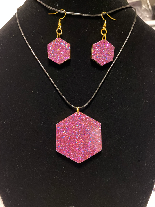 Purple Fine Glitter Octagon Shape Jewelry Set