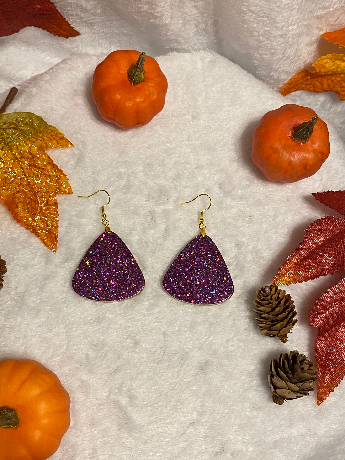 Large Purple Fine Glitter Triangle Earrings