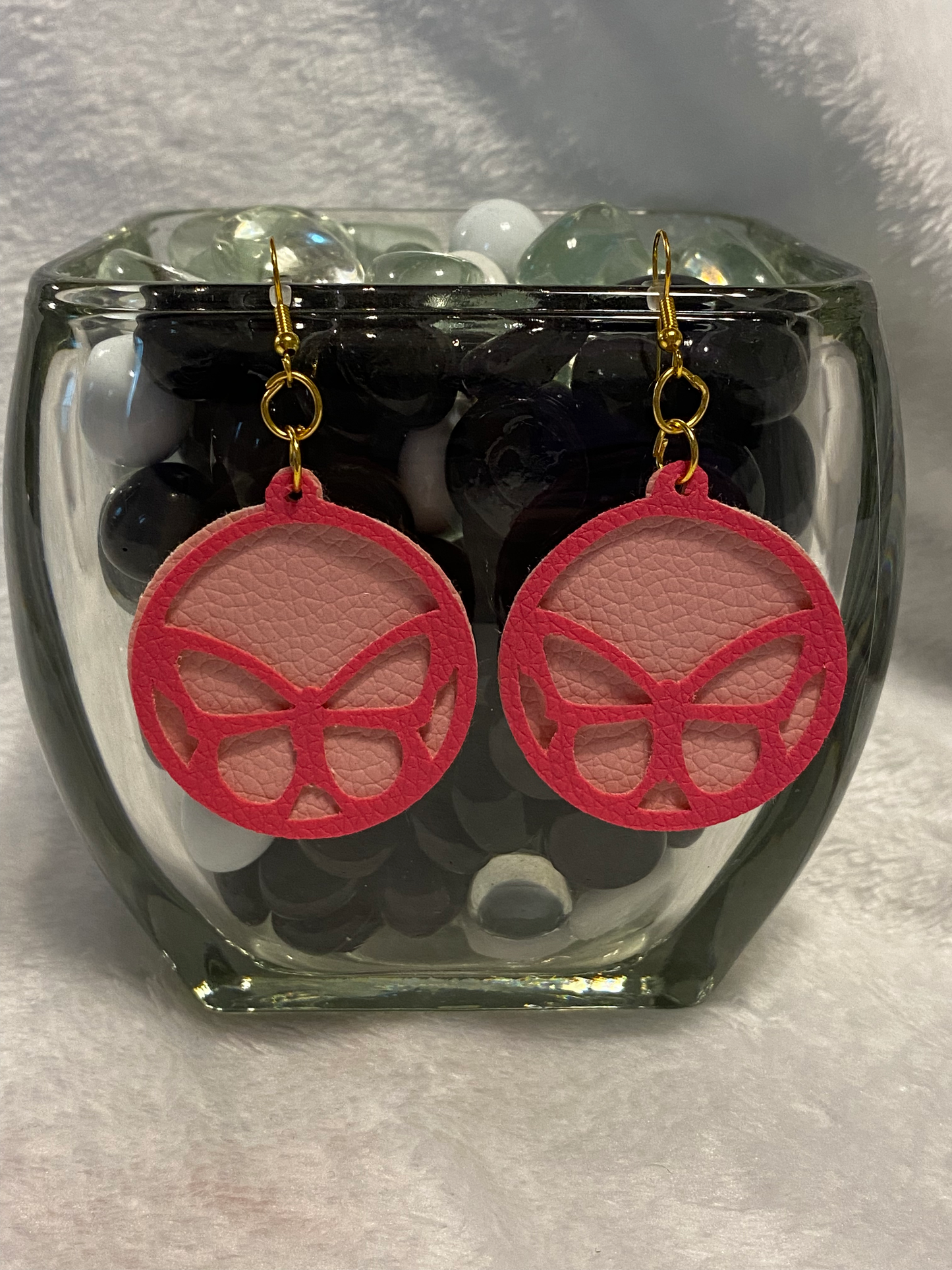 Faux Leather Round Butterfly Earrings- 2 Tone Pink