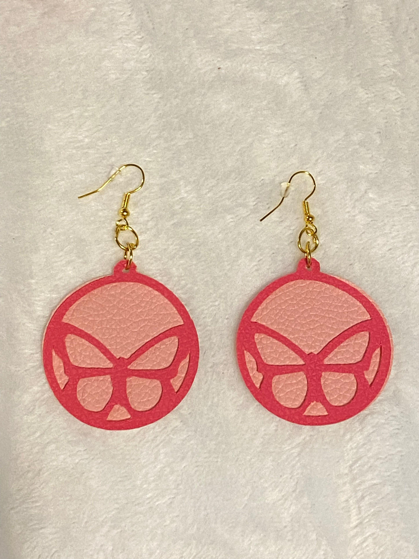 Faux Leather Round Butterfly Earrings- 2 Tone Pink