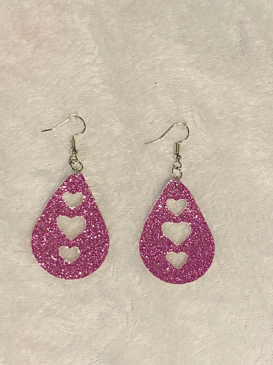 Pink Glitter Faux Leather Heart Earrings