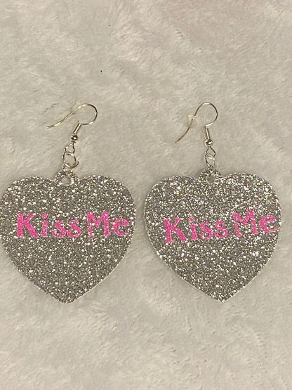 Silver Glitter Faux Leather Heart Earrings
