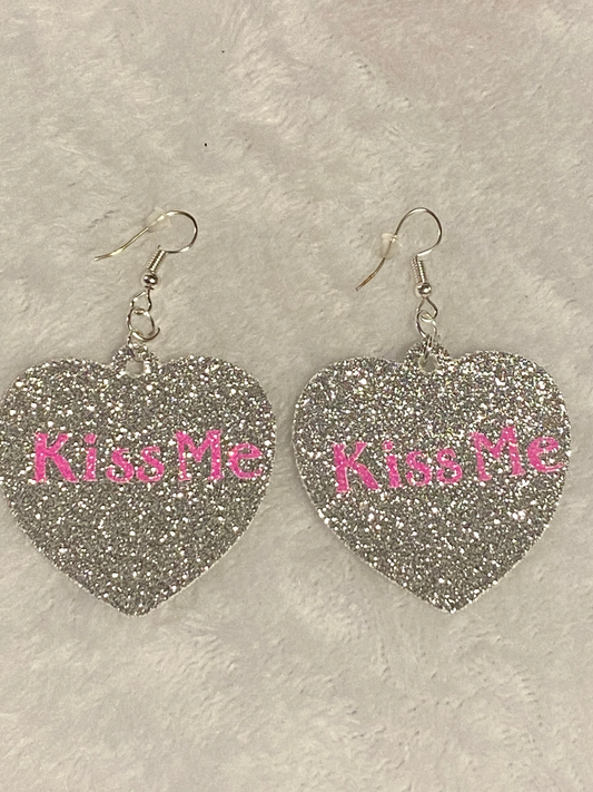 Silver Glitter Faux Leather Heart Earrings
