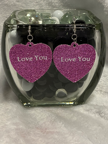 Pink Glitter Faux Leather Heart Earrings
