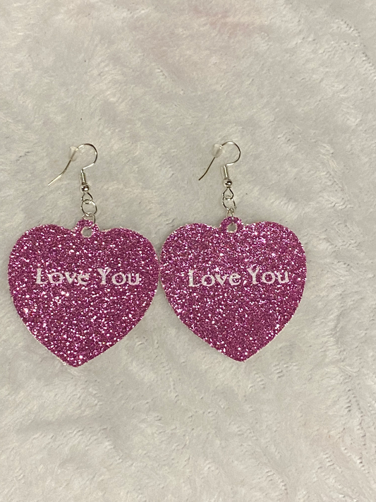 Pink Glitter Faux Leather Heart Earrings