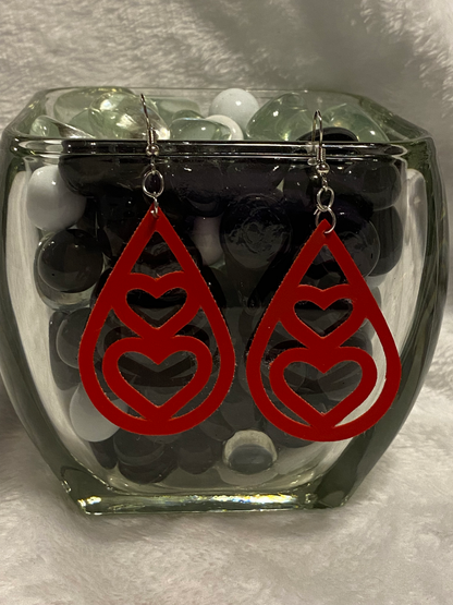 Red Faux Leather Double Heart Teardrop Earrings