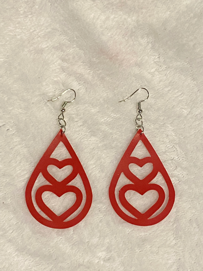 Red Faux Leather Double Heart Teardrop Earrings