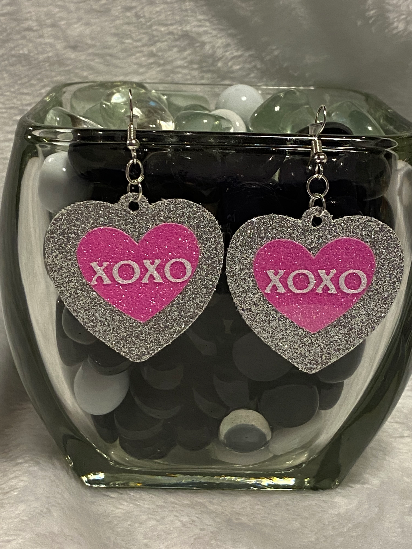 Silver & Pink Glitter Faux Leather Heart Earrings
