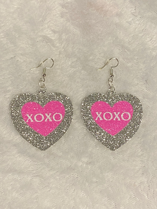 Silver & Pink Glitter Faux Leather Heart Earrings