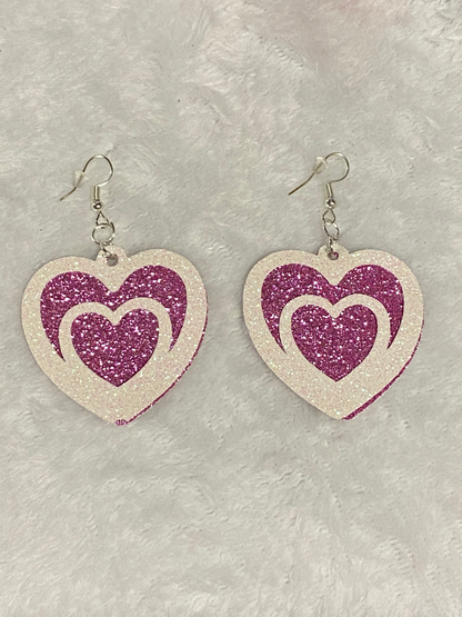 Pink & White Glitter Faux Leather Heart Shape Earrings