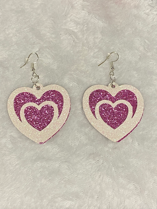 Pink & White Glitter Faux Leather Heart Shape Earrings