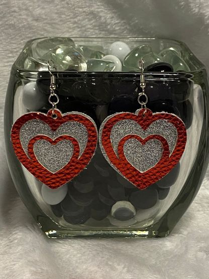 Red & Silver Faux Leather Heart Shaped Earrings