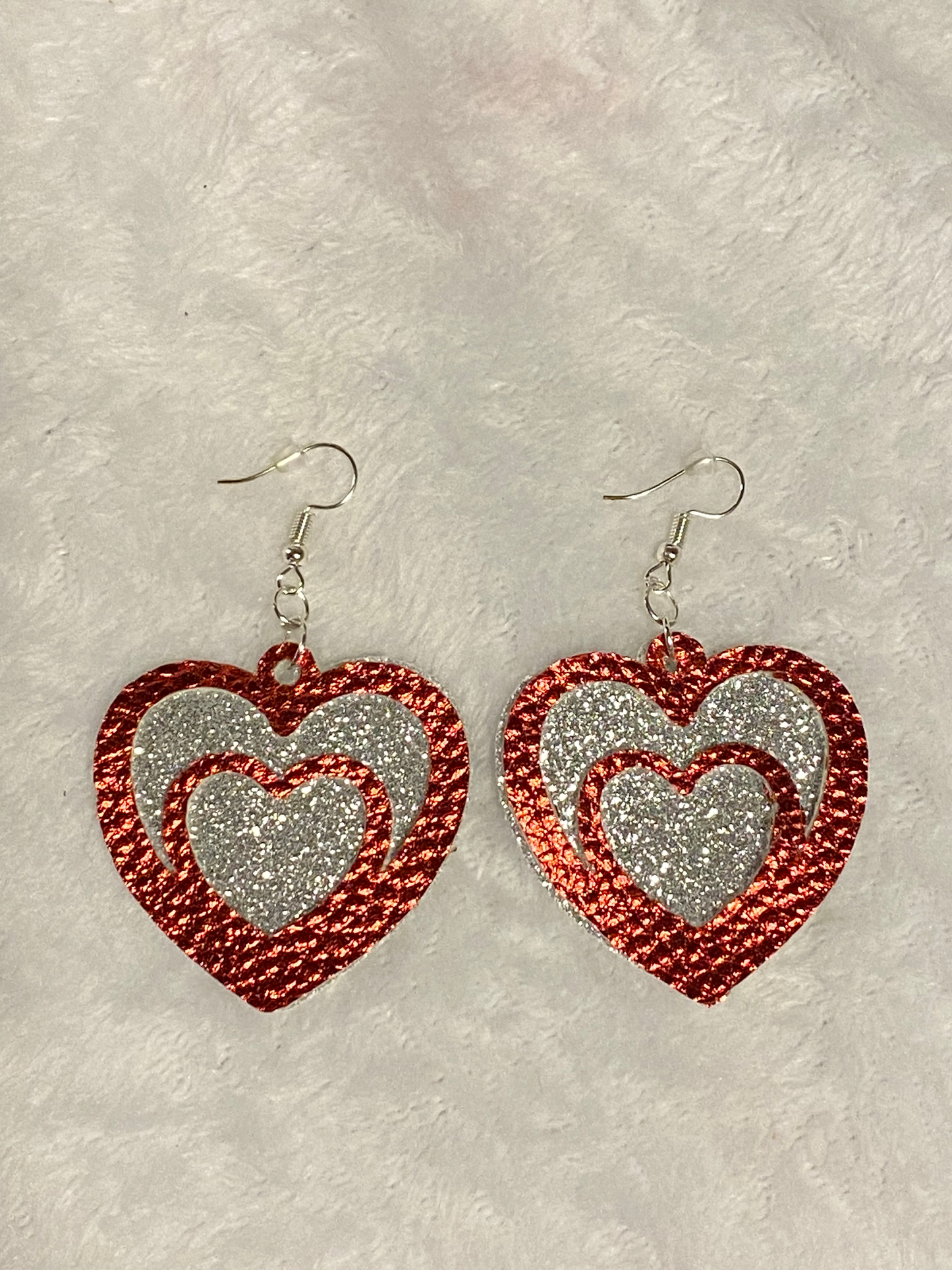 Red & Silver Faux Leather Heart Shaped Earrings