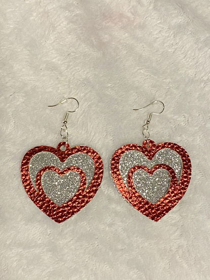Red & Silver Faux Leather Heart Shaped Earrings