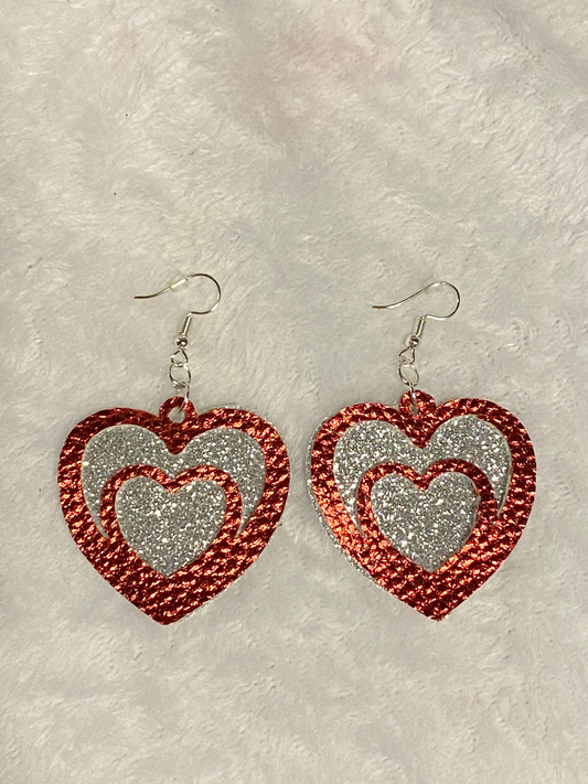 Red & Silver Faux Leather Heart Shaped Earrings