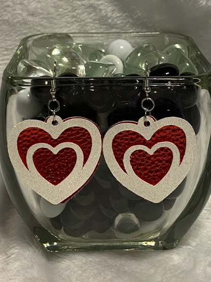 Red & White Glitter Faux Leather Heart Shaped Earrings