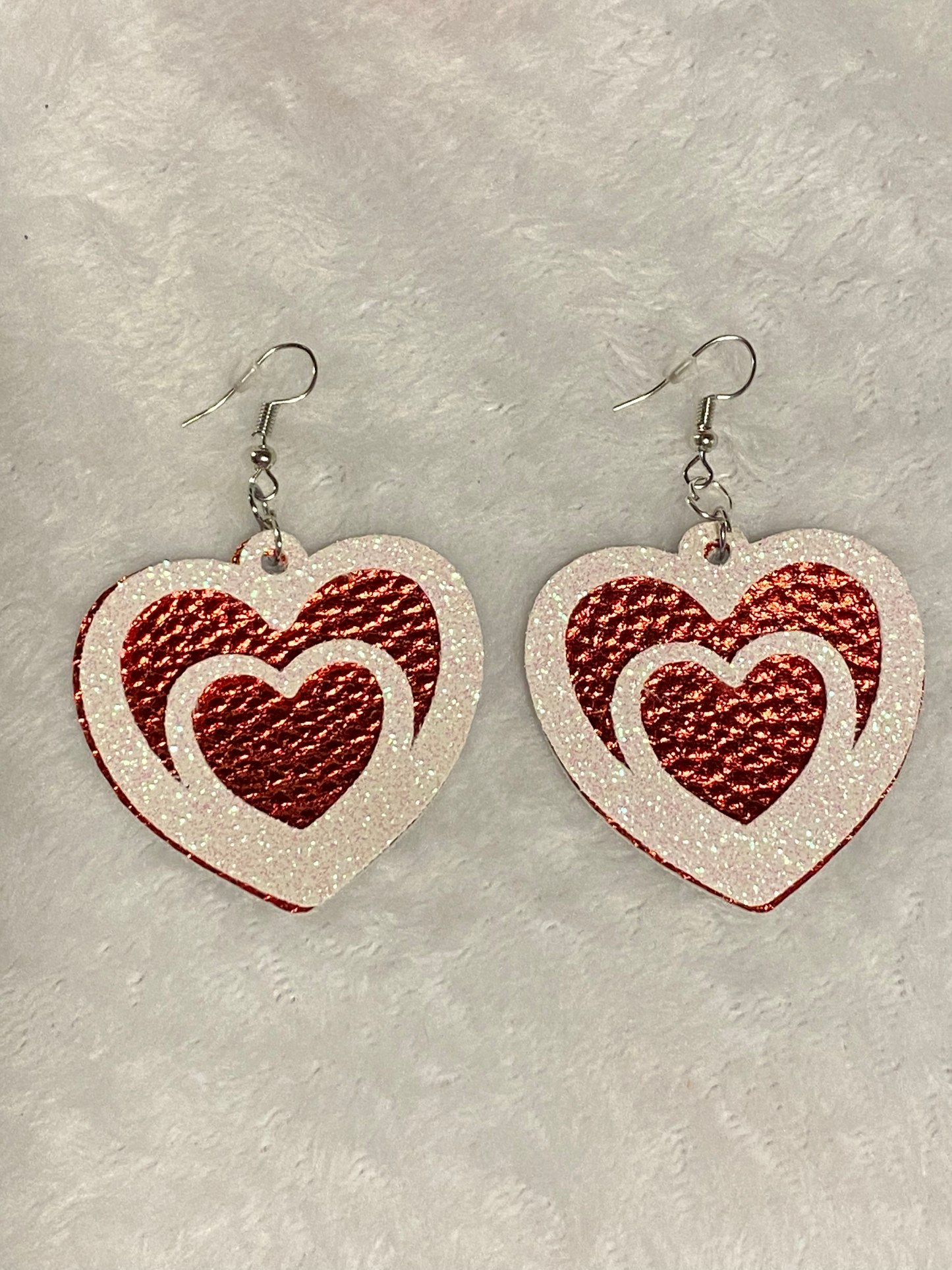 Red & White Glitter Faux Leather Heart Shaped Earrings